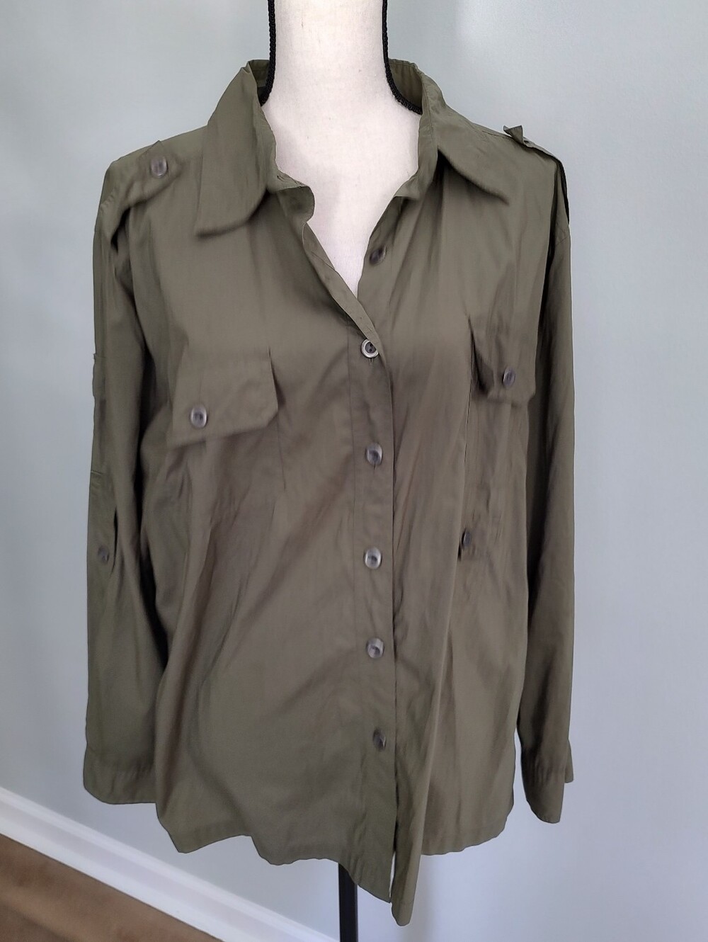 Chico's Olive Green Utility Button Down Shirt Cotton Safari Military Style XL
